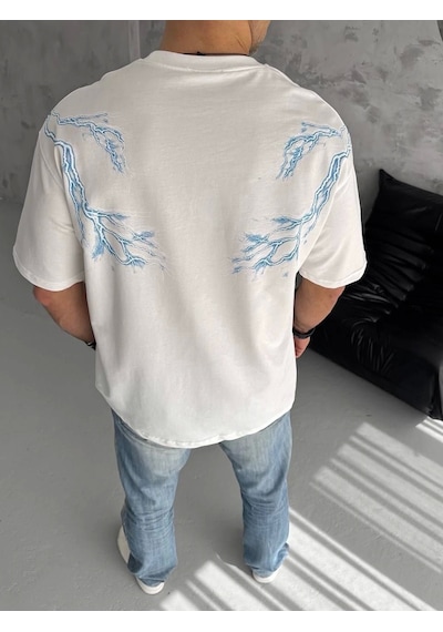Unisex Bisiklet Yaka Baskılı Oversize T-shirt - Beyaz