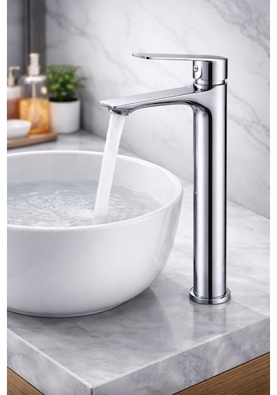 Lüks Çanak Lavabo Bataryası Yüksek Gövdeli Banyo Musluğu Krom Kaplama Tek Kollu Lavabo Bataryası