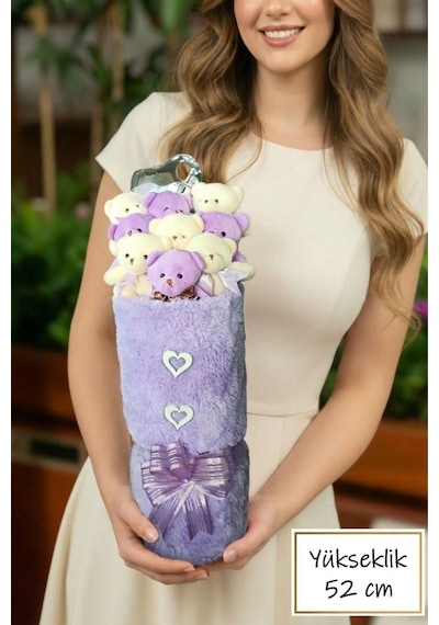 Kadınlar Gününe Özel: Deluxe Mor-beyaz Peluş Ayıcık Kalp Balonlu Peluş Vazo Tasarımlı Ayıcık Buketi