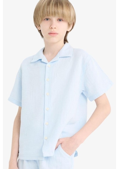 Defacto Erkek Çocuk Oversize Geniş Kalıp Polo Yaka Müslin Kısa Kollu Gömlek W3239a625hsbe174 Mavi