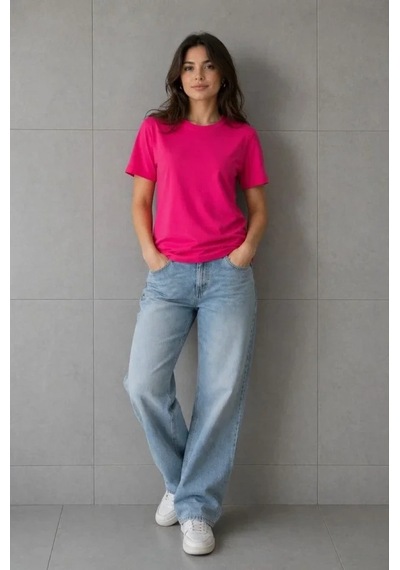 Defymoda Basic Pamuklu Tişört Bisiklet Yaka Düz Renk Relaxed Fit T-shirt - Fuşya