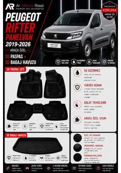 Peugeot Rifter Panelvan 2019-2026 Araca Özel 3d Paspas + 3d Bagaj Havuzu