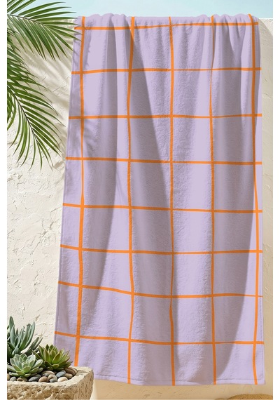 Ekose Kareli Lila Plaj Havlusu - Modern Geometrik Turuncu Çizgili Hızlı Kuruyan Mikrofiber Havlu Yağmur Çiçeği