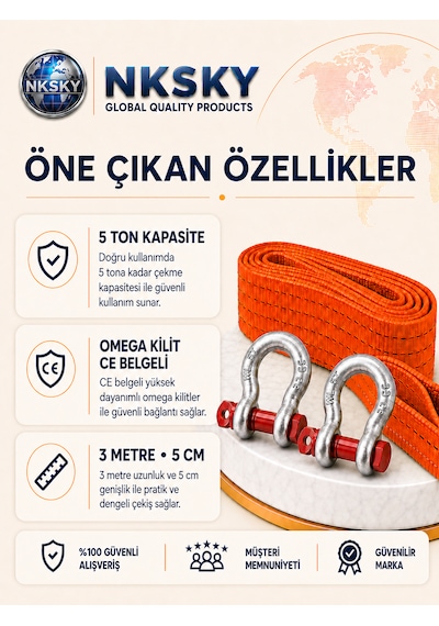 Nksky Ce Belgeli 5 Ton Araç Çekme Halatı 3 Metre 5 Cm Genişlik Omega Kilitli Oto Çeki Halatı Turuncu
