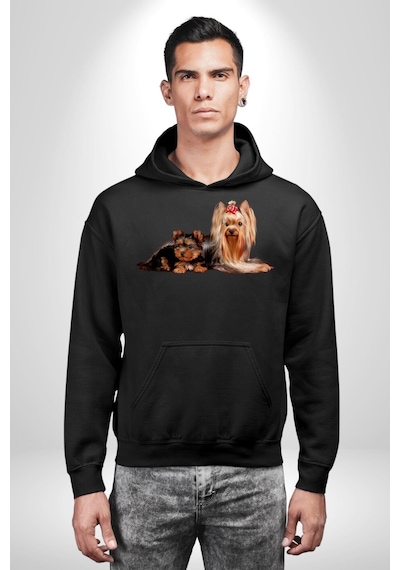 Yorkshire Teacup Ve Anne Köpek Kadın Erkek Siyah Kapüşonlu Sweatshirt Hoodie Siyah