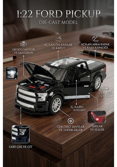 Ford Pickup 1:22 Ölçek Metal Siyah - Sesli, Işıklı Ve Çek Bırak Off-road Oyuncak Arazi Aracı Çok Renkli