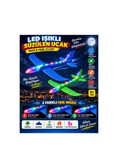 2 Li Led Işıklı Köpük Uçak Seti Mavi & Yeşil Hafif Dayanıklı Fırlatma Uçağı Açık Hava Oyuncağı - 922546684