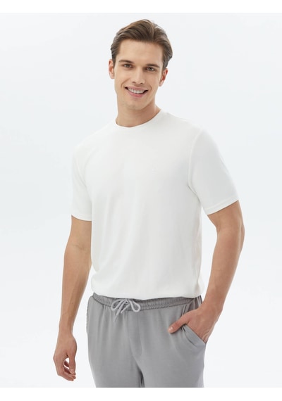 Kip Düz Bisiklet Yaka T-shirt Ekru