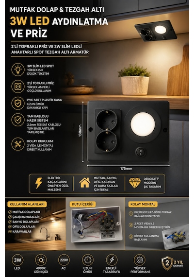 Dolap Tezgah Altı 2'li Priz Ve 3 Watt Anahtarlı Led Spot Aydınlatma Siyah Kasa Işık Ve Akıllı Priz,bango Aydınlatması,mutfak Prizi Dolap Tezgah Altı 2'li Priz Ve 3 Watt Anahtarlı Led Spot Aydınlatma Siyah Kasa Işık Ve Akıllı Priz,bango Aydınlatması,mutfak Prizi