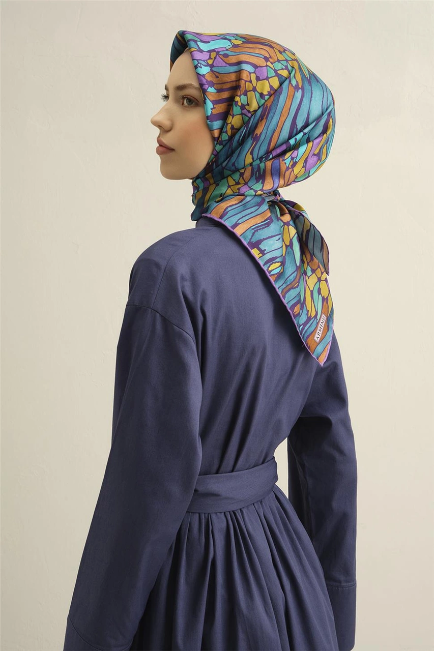 Armine Soyut Desenli Saf İpek Twill Eşarp 9335d 85 Yeşil