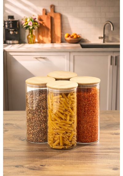 Porsima 3-4 Bambu Borosilikat Vakumlu Kapaklı Yuvarlak Cam 4lü Kavanoz Seti Saklama Kabı 1650ml 10x25cm