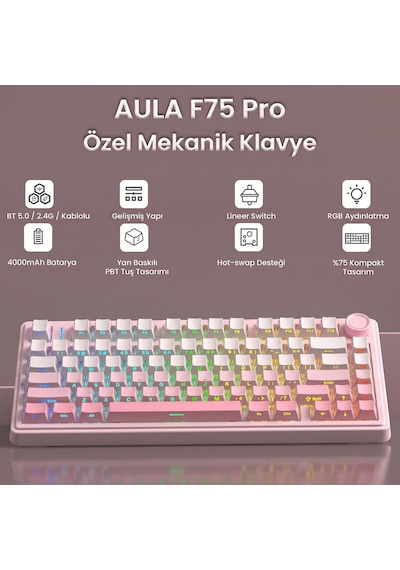 Aula F75 Mekanik Rgb Tkl Sessiz Cotton Candy Switch Kablosuz Makrolu Hot Swap Klavye Pembe