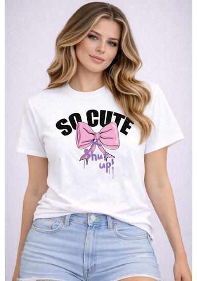 Herkesemoda So Cute Baskı Detaylı Basic T-shirt Beyaz