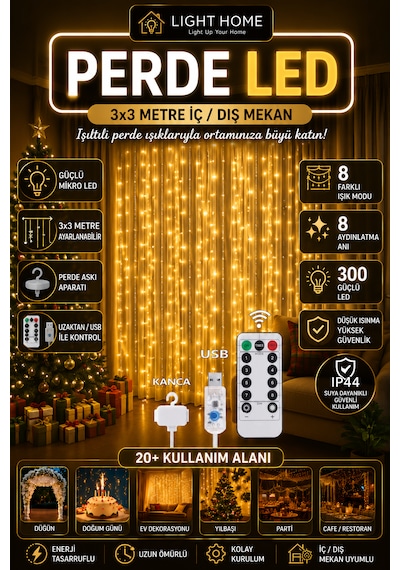 Light Home 3x3 Metre 300 Led Usb Kumandalı Perde Led Sarı Gün Işığı