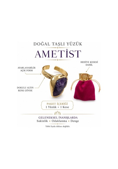Doğal Ametist Taşlı Ayarlanabilir Kadın Yüzük Altın Renk Dokulu Tasarım Gold