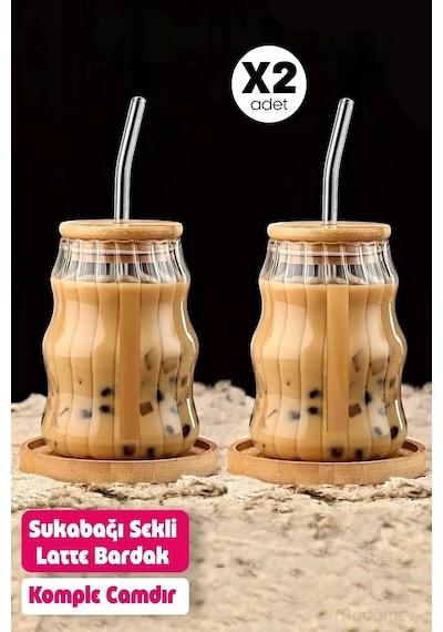 Bardak Kahve Kokteyl Sunum Bardağı 400ml 2li Sukabağı Latte Bardak Bambu Kapaklı İskandinav Cam Bambu