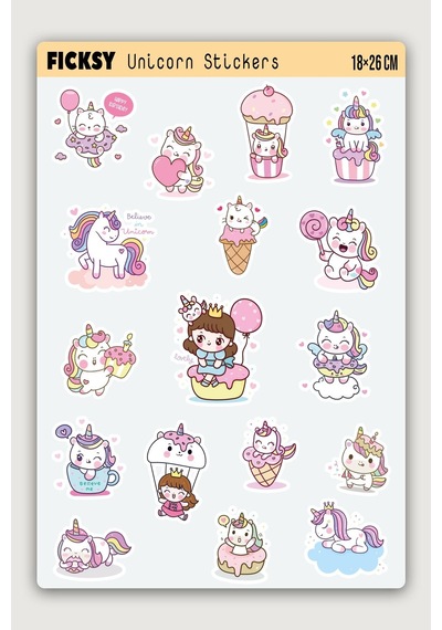 Sevimli Kawaii Unicorn At Ve Kedi Doğum Günü Temalı Sticker Seti - 17 Adet Etiket Çıkartma Diğer