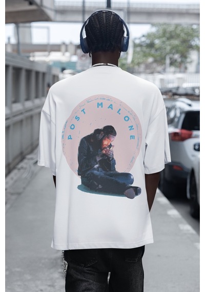 Post Malone Rapper Sırt Baskılı Unisex Oversize Şarkıcı Tişört Beyaz