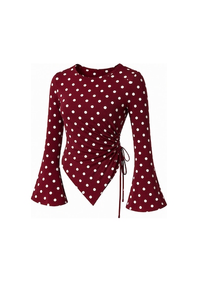 Meren Like Your Style Puantiyeli Yuvarlak Yaka Drape Detaylı İspanyol Kol Tesettür Uyumlu Üst Bluz Bordo Poantiye