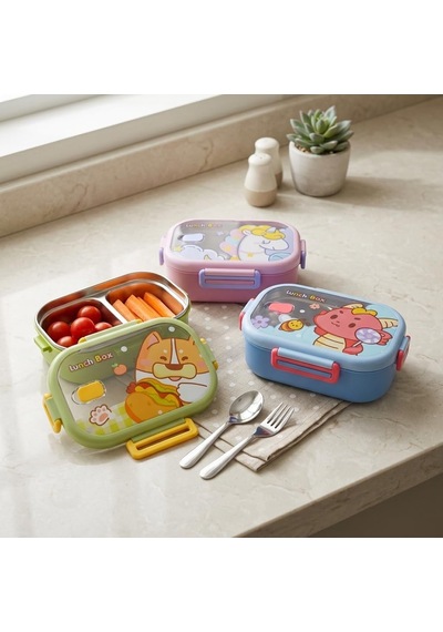 Paslanmaz Çelik 2 Bölmeli Kilitli Yemek Kabı, 850 Ml Renkli Desenli Lunch Box, Çelik İç Hazneli Saklama Ve Taşıma Kabı Çok Renkli