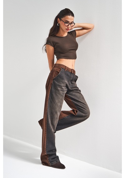 Itsbasic Kadın Füme Kahverengi 2w5-87 Loose Fit Denim Kadife Kumaş Parçalı Tasarım Pantolon Füme Kahve