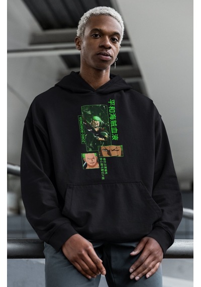 Sevbano Zoro Roronoa Baskılı Unisex Oversize One Piece Anime Hoodie Siyah