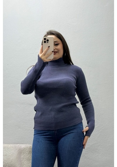 Belendir Kadın Dik Yaka Parmak Geçmeli Triko Body Lavanta Mavi