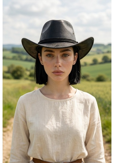 Gigi Luxe Vegan Deri Unisex Kovboy Şapkası Vintage Western Tarz Geniş Kenarlı Premium Kalite Siyah Siyah