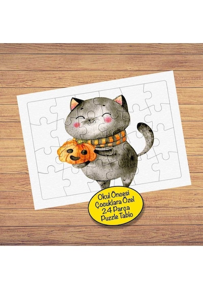 Bal Kabaklı Kedi 24 Parça Çocuklara Özel Yapboz Tablo-7906403