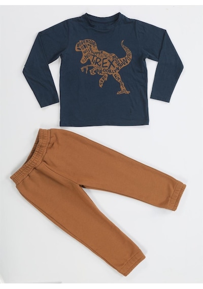 Casabony Kahve Yazılı Dino Jogger Pantolon + Tshirt Takım-kahve