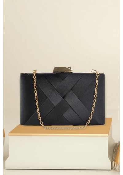 Famels Kadın Şeritli Özel Model Abiye Clutch Portföy El Gece Düğün Nişan Abiye Çantası Siyah