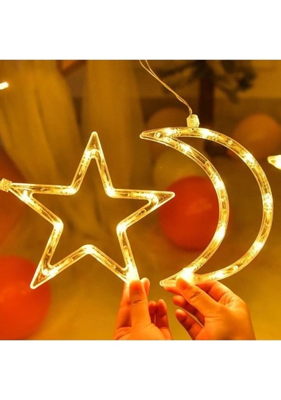 Sarkıt Saçaklı Ay Yıldız Perde Led Işıklar Animasyonlu Sarı