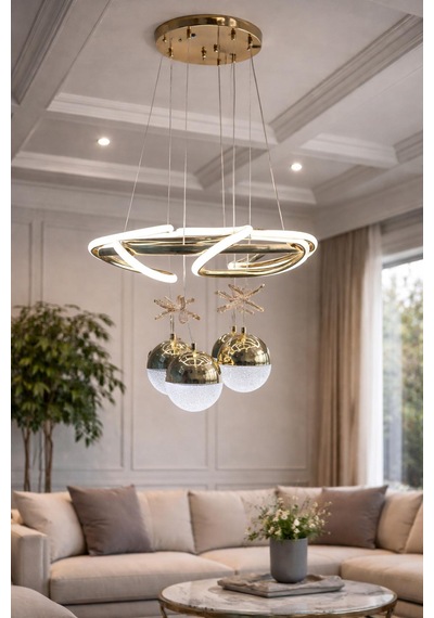 Modern Lüks Salon Model Ledlı 3 Renk Krom Sarkıt Avıze Altın - Gold