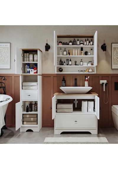 Lavabolu Mdf 80Cm Çekmeceli Banyo Dlp + Aynalı Üst Dlp + Boy Dlp Beyaz - Atlantik Çam