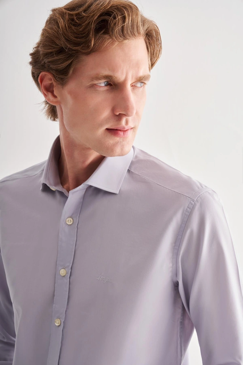 İmza Gri Yarım İtalyan Yaka Uzun Kol Slim Fit Pamuklu Gömlek 1004255180 Gri