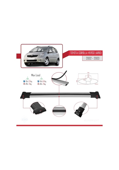 Toyota Corolla Verso Ar10 2002-2003 Arası İle Uyumlu Fly Model Ara Atkı Tavan Barı Gri 3 Adet Bar