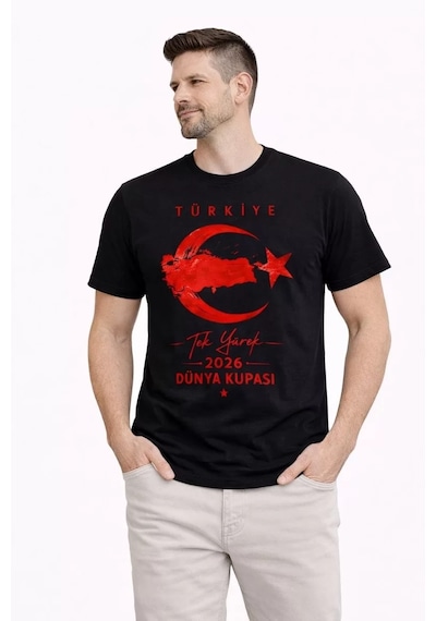 Erkek Türkiye Ay Yıldız Baskılı Taraftar Forma T-shirt - Siyah