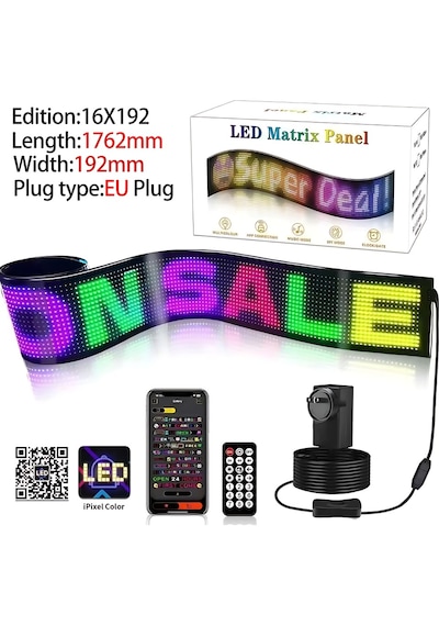 Rgb Led Matrix Panel 19x176cm Esnek Yapı Uygulama Kontrollü Kayan Yazı Ekranı Siyah