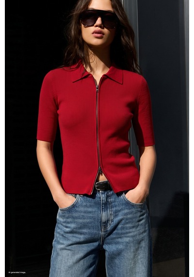 Sateen Kısa Kollu Fermuarlı Triko - Kırmızı-137916