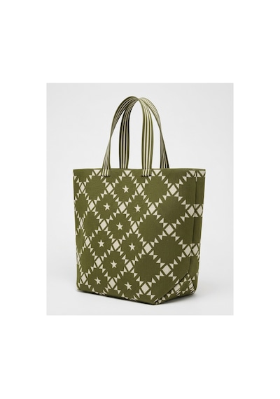 Qoolest Kadın Geometrik Desenli Büyük Boy Shopper Omuz Çantası Çizgili Saplı Tote Çanta Yeşil