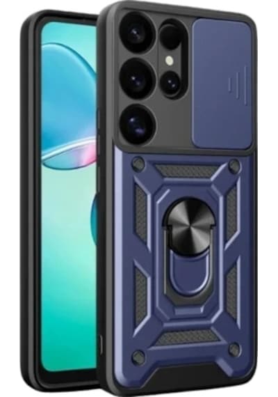 Samsung Galaxy S26 Ultra İle Uyumlu Kılıf Magnetik Standlı Kamera Korumalı Sürgülü Kapak Lacivert