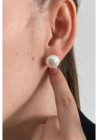 12,5 Mm Doğal İnci Kadın Küpe Sarı Gümüş