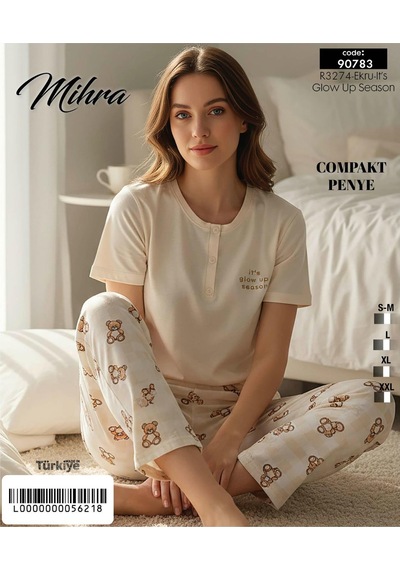 Mihra Kadın Compakt Penye Düğmeli Yaka Kısa Kol İnce Pijama Takımı 90783e - 1 Adet Ekru