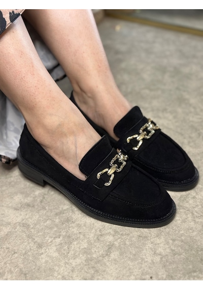 Günlük Kadın Loafer Makosen Klasik Alçak Topuklu Desenli Taban Zincirli Oval Burunlu Ayakkabı 150 Siyah - Süet