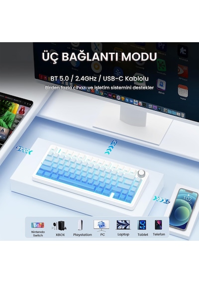 Aula F75 Mekanik Rgb Tkl Seiya Switch Kablosuz Makrolu Hot Swap Klavye Gradyan Mavi