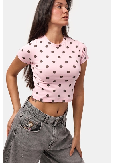 Kadın Pembe Puantiyeli S6-98 Crop Fit T-shirt