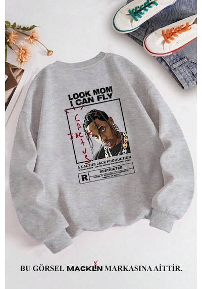 Macklin Unisex Kadın Erkek Travis Scott Cactus Jack Özel Tasarım Baskılı Bisiklet Yaka Sweatshirt Gri Mck1312 Gri