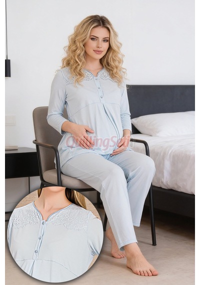 Lady Bebe Mavi Renkli Dantel Detaylı, 33201 Uzun Kol, 2 Parça Lohusa Hamile Pijama Takımı Açık Mavi