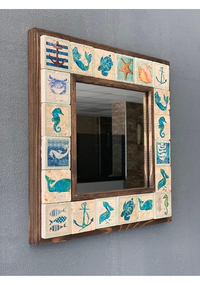 Oscar Stone Decor Oscar Stone Ahşap Çerçeveli Mozaik Doğaltaş Ayna 33 Cm X 33 Cm Balkon Aynası Ayn-023 Diğer