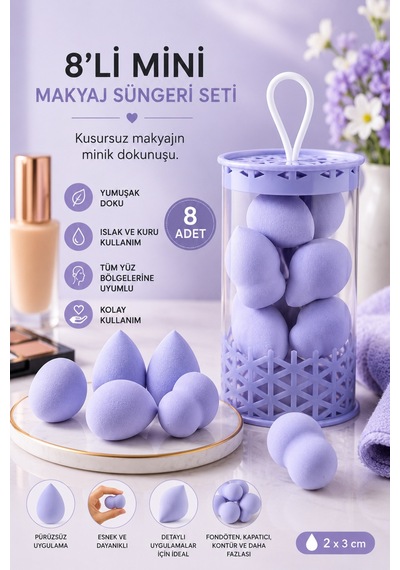 Mini Boy 8'li Mor Makyaj Süngeri Seti- 2 Cm X 3 Cm Makyaj Uygulama Süngeri